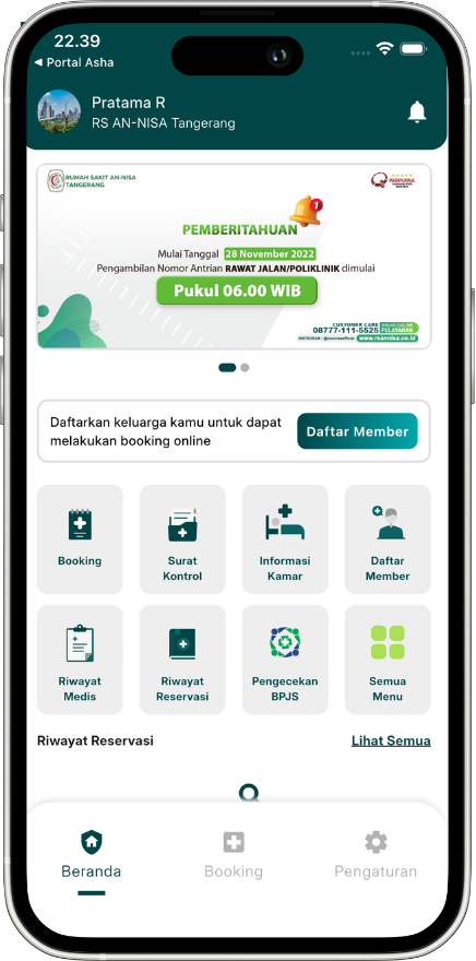 Tampilan fitur Booking Dokter pada Modul Mobile Patient NUHA